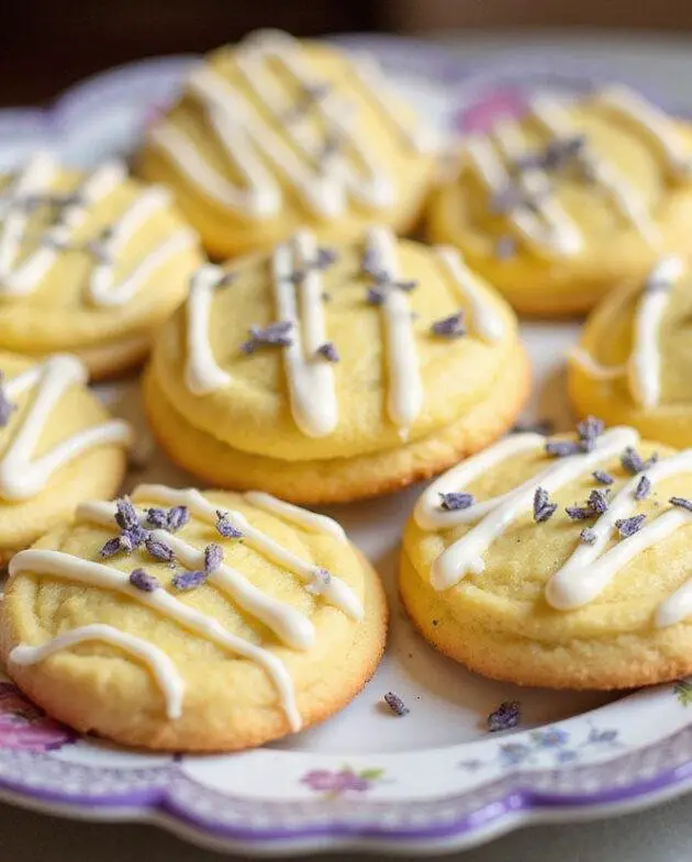 Beautifully decorated Lemon Lavender Cookies Sablés with icing and lavender garnish, perfect for serving.