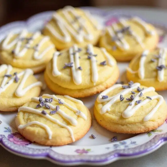 Beautifully decorated Lemon Lavender Cookies Sablés with icing and lavender garnish, perfect for serving.