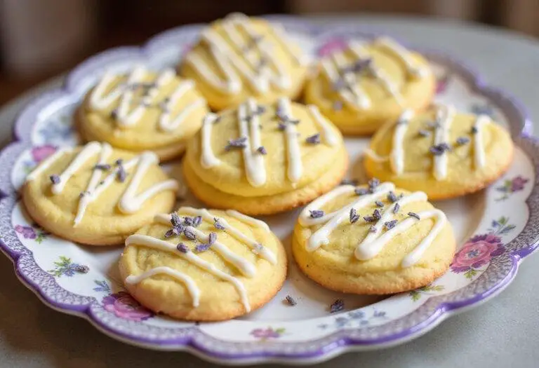 Beautifully decorated Lemon Lavender Cookies Sablés with icing and lavender garnish, perfect for serving.