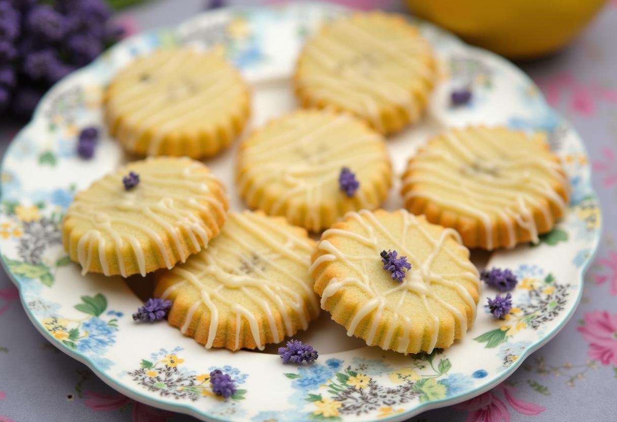 Magnifiques Cookies Sablés Glacés Citron Lavande, décorés avec du glaçage et de la lavande, parfaits pour servir.