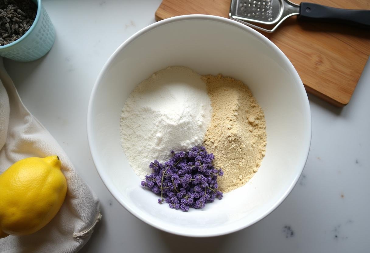 Ingrédients pour les Cookies Sablés Glacés Citron Lavande, comprenant la farine, le sucre et les fleurs de lavande.