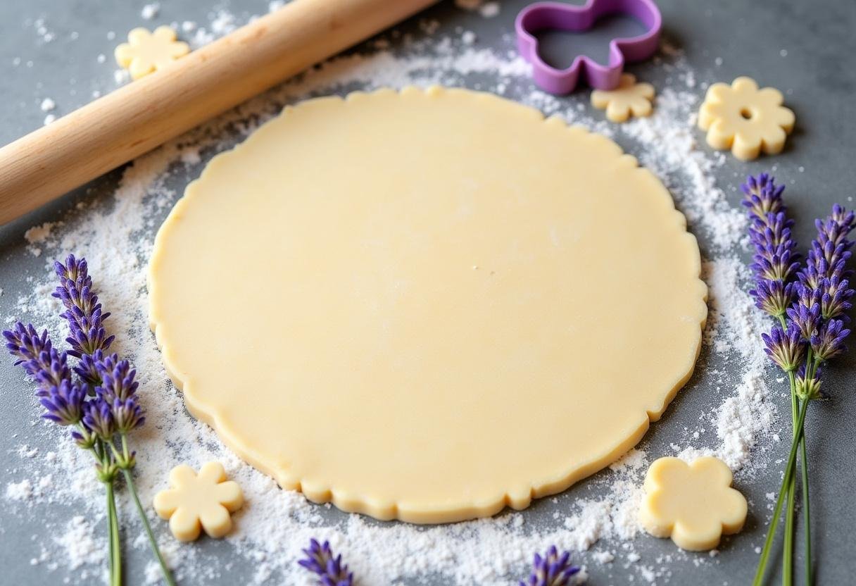 Abaisser la pâte et découper les formes pour les Cookies Sablés Glacés Citron Lavande sur une surface farinée.
