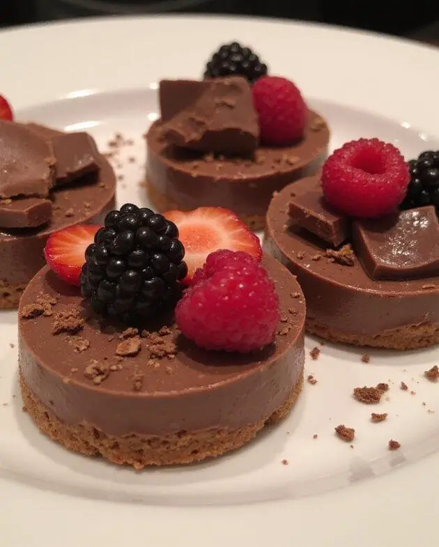 Chilled chocolate crème desserts garnished with berries and chocolate shavings, perfect for a delightful treat.