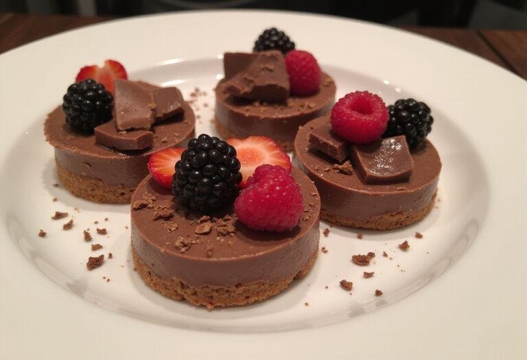 Chilled chocolate crème desserts garnished with berries and chocolate shavings, perfect for a delightful treat.