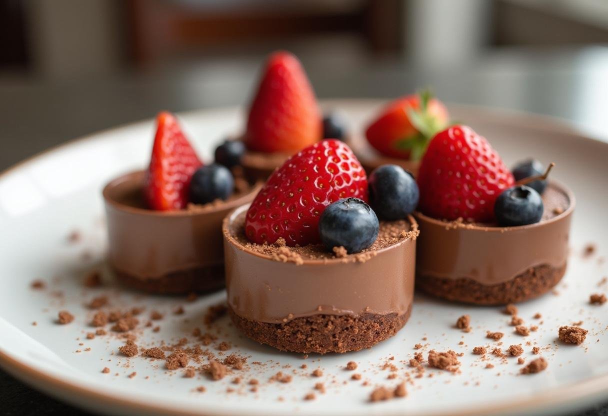 Crèmes desserts au chocolat fraîches, garnies de fruits rouges et de copeaux de chocolat, parfaites pour une délicieuse gâterie.