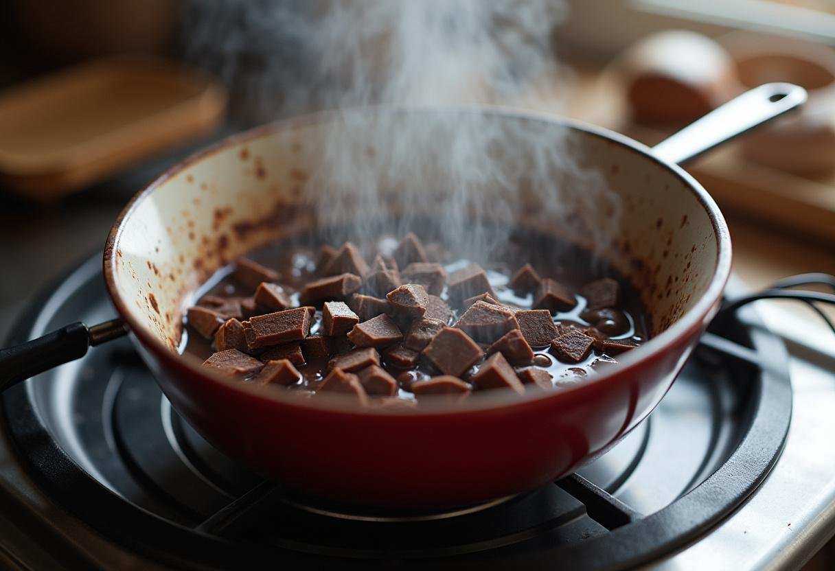 Chocolat noir fondant dans un bol au-dessus d'un bain-marie pour un dessert au chocolat maison facile.