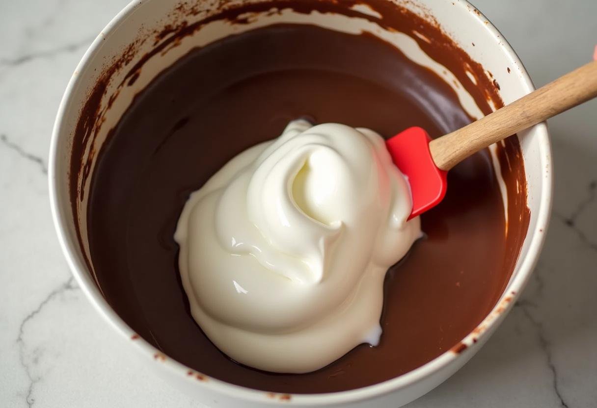 Crème fouettée incorporée au chocolat fondu pour une crème dessert au chocolat lisse.