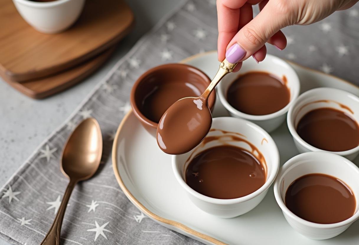 Remplissage de tasses avec un riche mélange de chocolat pour un dessert au chocolat maison.