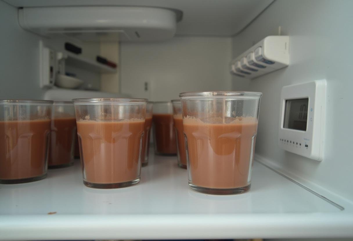 Tasses de crème dessert au chocolat placées au réfrigérateur pour prendre.
