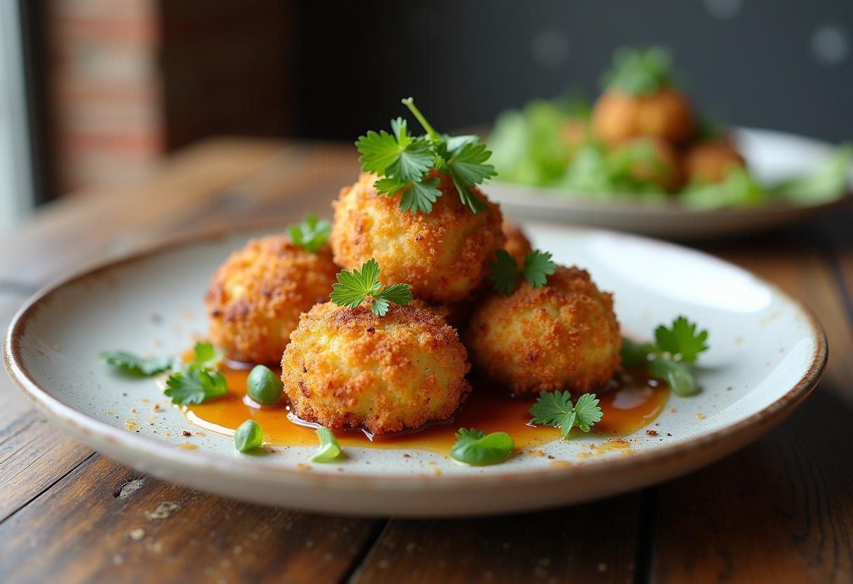 Délicieuses croquettes de chou-fleur au fromage croustillantes servies avec des herbes, parfaites pour tout repas.