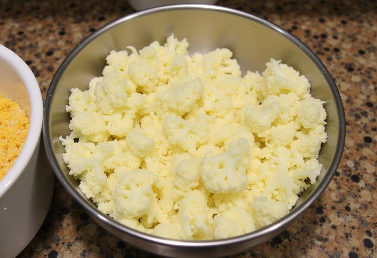 Chou-fleur râpé et ingrédients pour faire des croquettes de chou-fleur au fromage faciles.