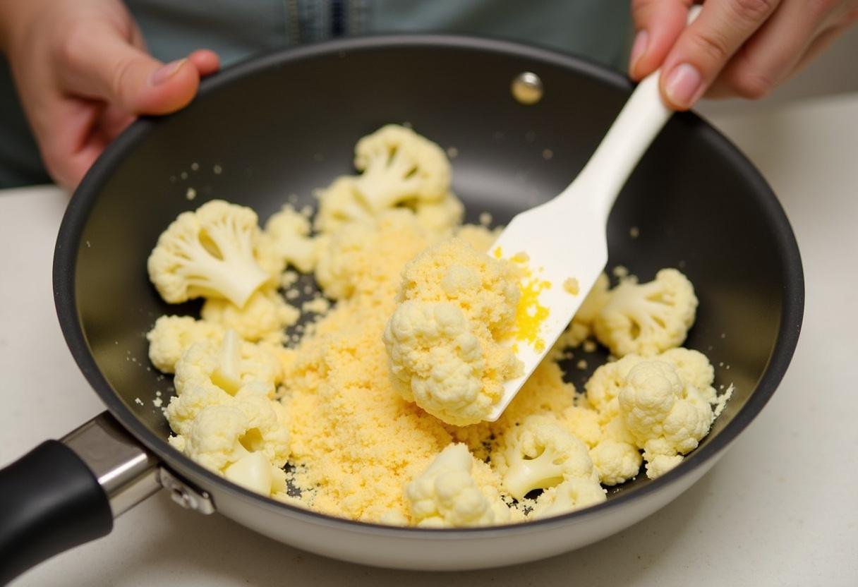 Mélange de chou-fleur râpé avec de la chapelure et du fromage pour des croquettes de chou-fleur au fromage rapides.