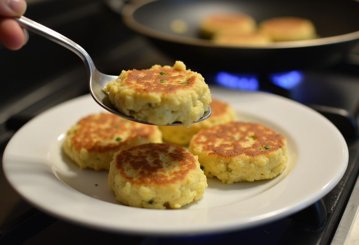 Façonner le mélange de chou-fleur en galettes pour des croquettes de fromage rapides et faciles.