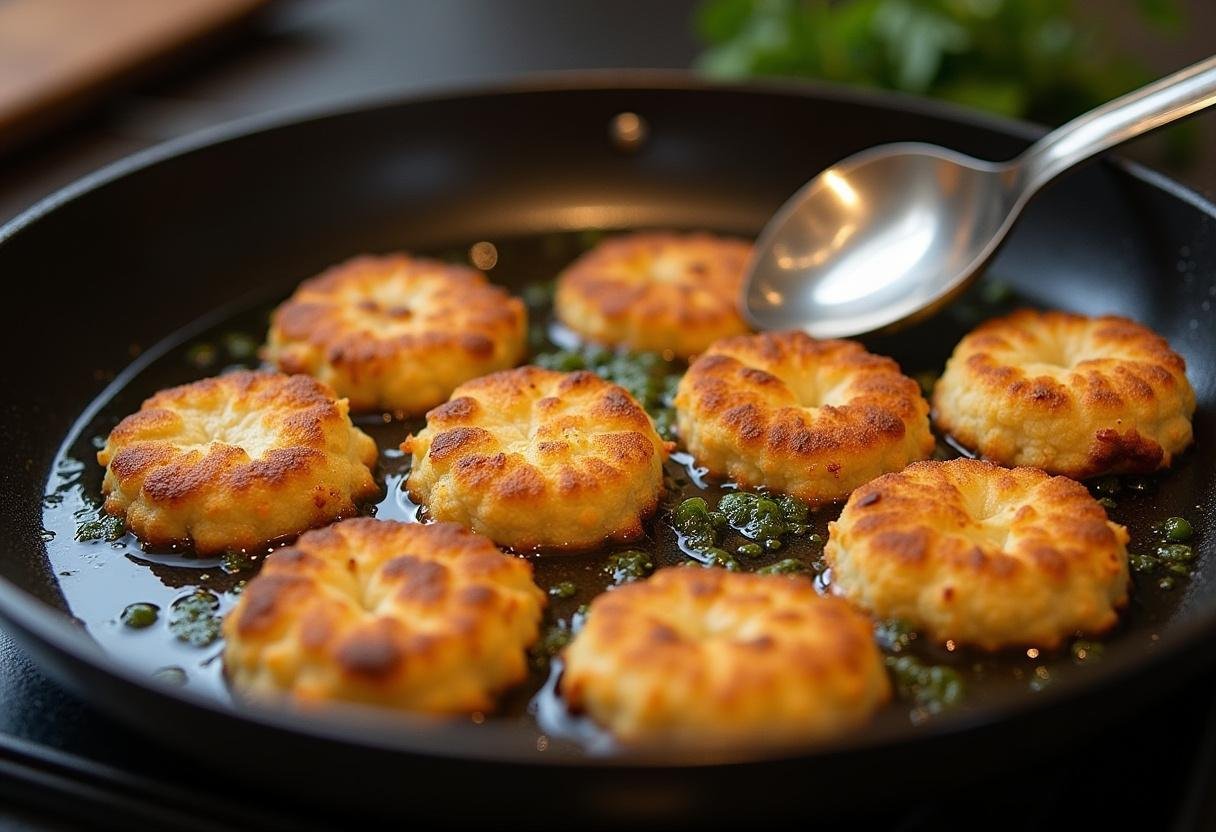 Croquettes de chou-fleur frites à la perfection dorée dans une poêle à frire.