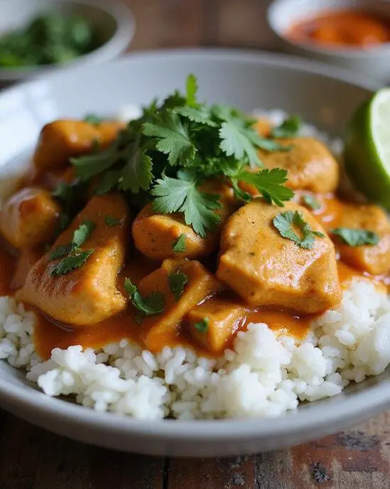 Delicious Burmese chicken curry served over rice with garnishes, perfect for a hearty meal.