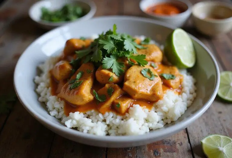 Delicious Burmese chicken curry served over rice with garnishes, perfect for a hearty meal.