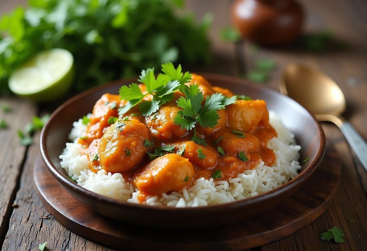 Delicious Burmese chicken curry served over rice with garnishes, perfect for a hearty meal.