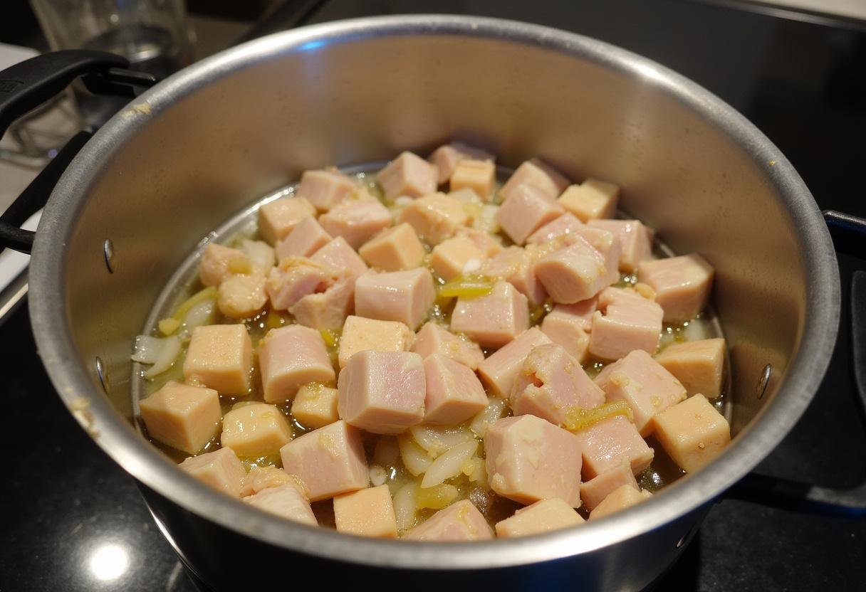 Diced chicken pieces sautéing with onions, garlic, and ginger for classic Burmese chicken curry.