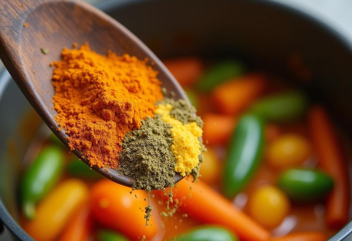 Spices being added to the pot for authentic Burmese chicken curry preparation.