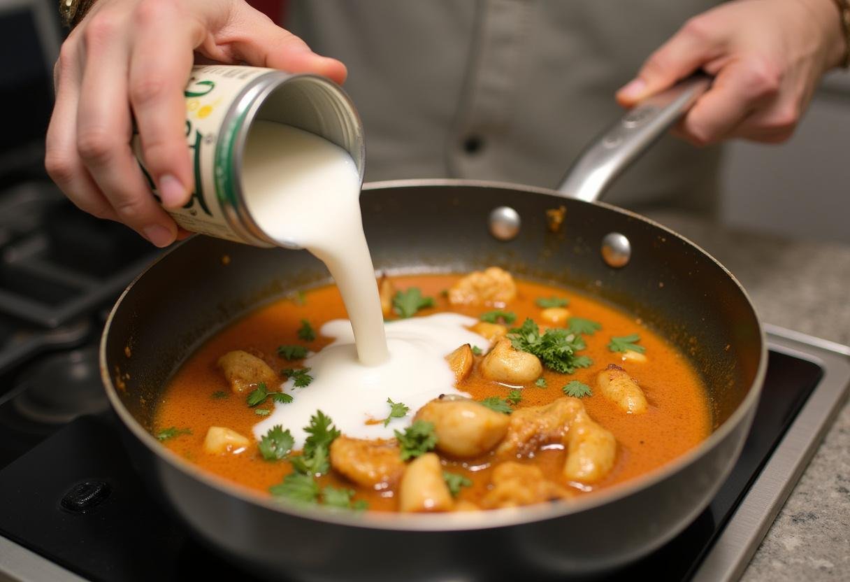 Coconut milk poured into the pot to create creamy sauce for Burmese chicken curry.