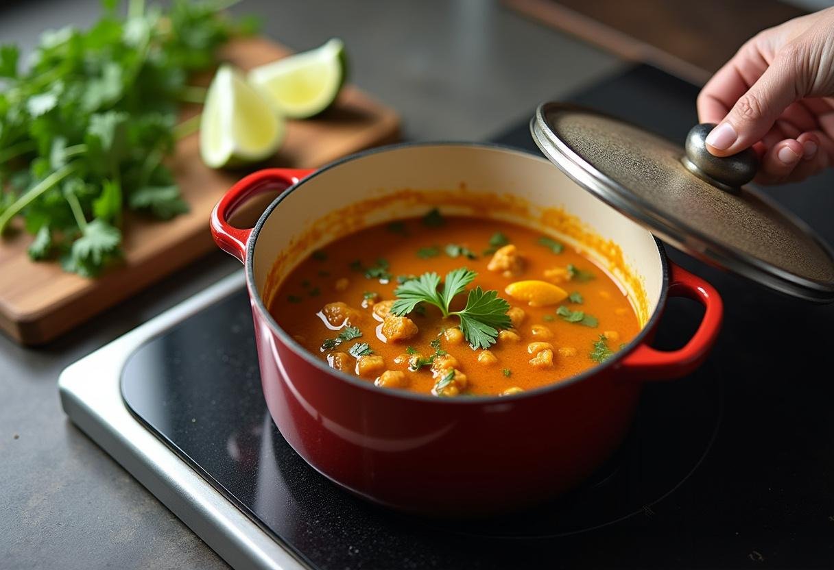 Simmering Burmese chicken curry with cilantro and lime on the side for garnish.