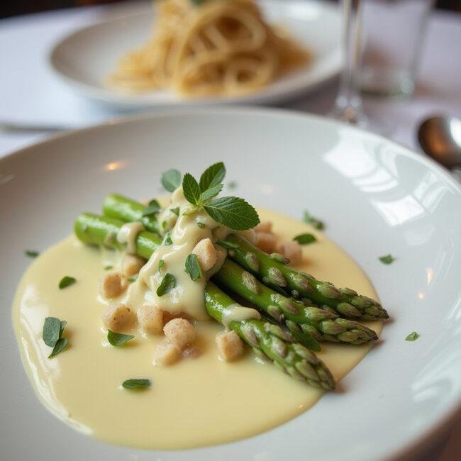 Plat magnifiquement présenté avec des asperges blanches et sauce mousseline, décoré avec des herbes fraîches.