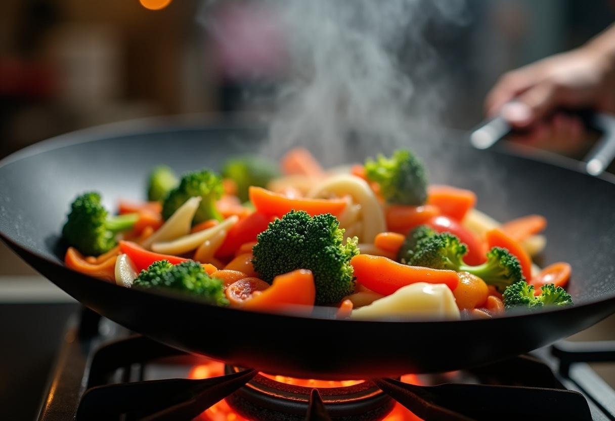 Légumes frais sautés dans un wok pour préparer le Pad Woon Sen Végétalien.
