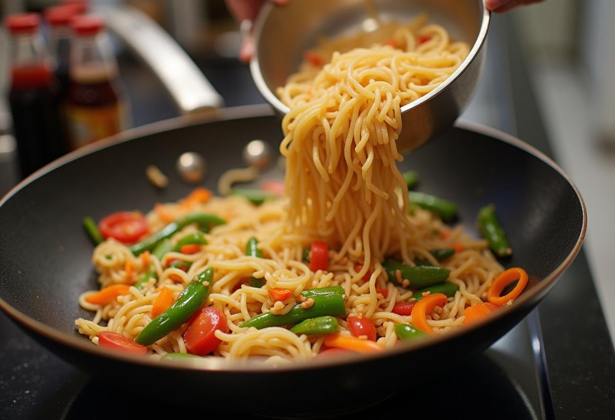 Ajout de nouilles de riz dans le wok pour le Pad Woon Sen Végétalien.