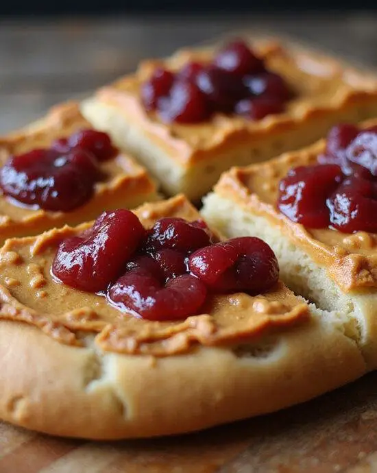 Delicious Focaccia au Beurre de Cacahuète et à la Confiture ready to enjoy.