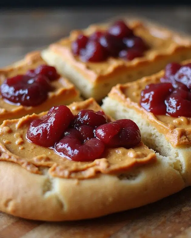 Delicious Focaccia au Beurre de Cacahuète et à la Confiture ready to enjoy.
