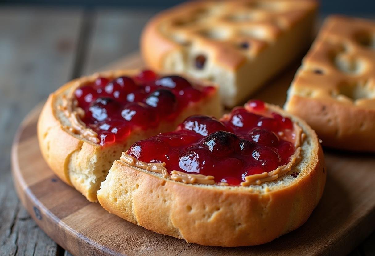 Délicieuse Focaccia au Beurre de Cacahuète et à la Confiture prête à être dégustée.