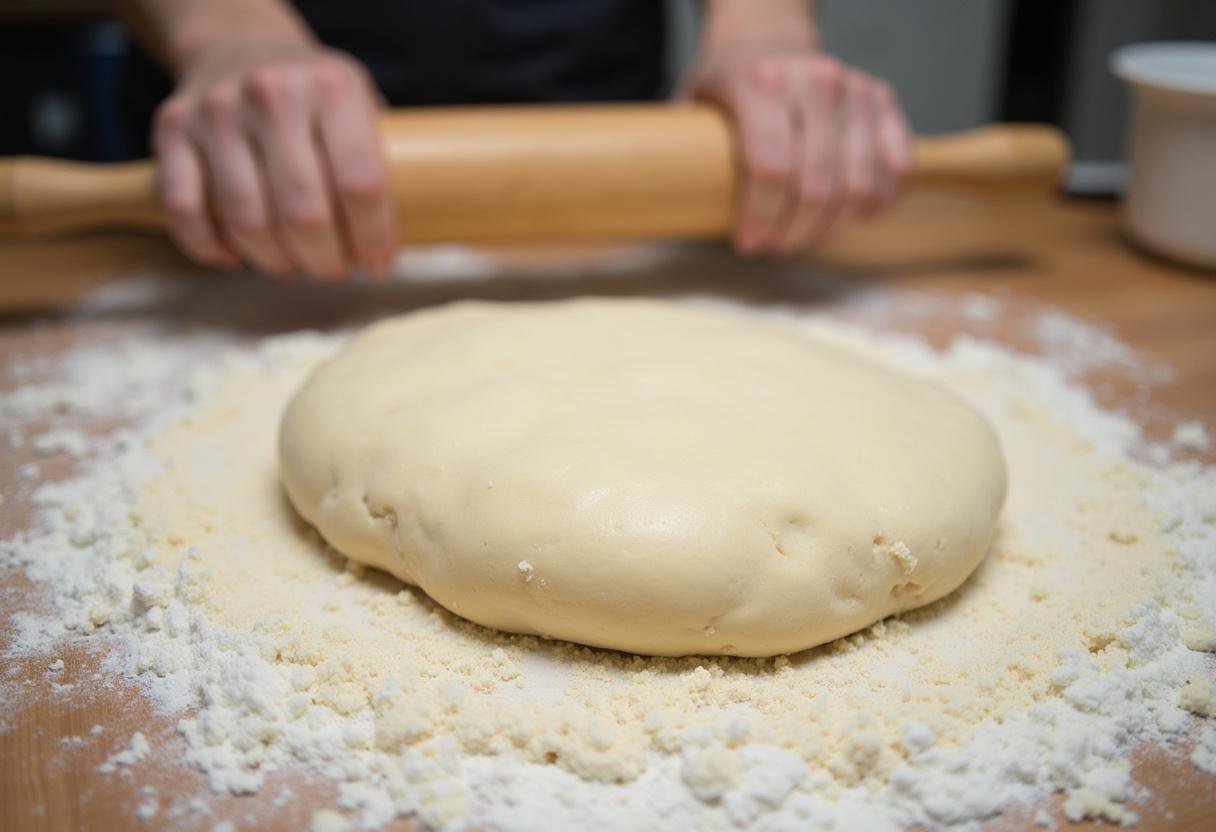 Pétrir la pâte pour la Focaccia au Beurre de Cacahuète et à la Confiture sur une surface farinée.