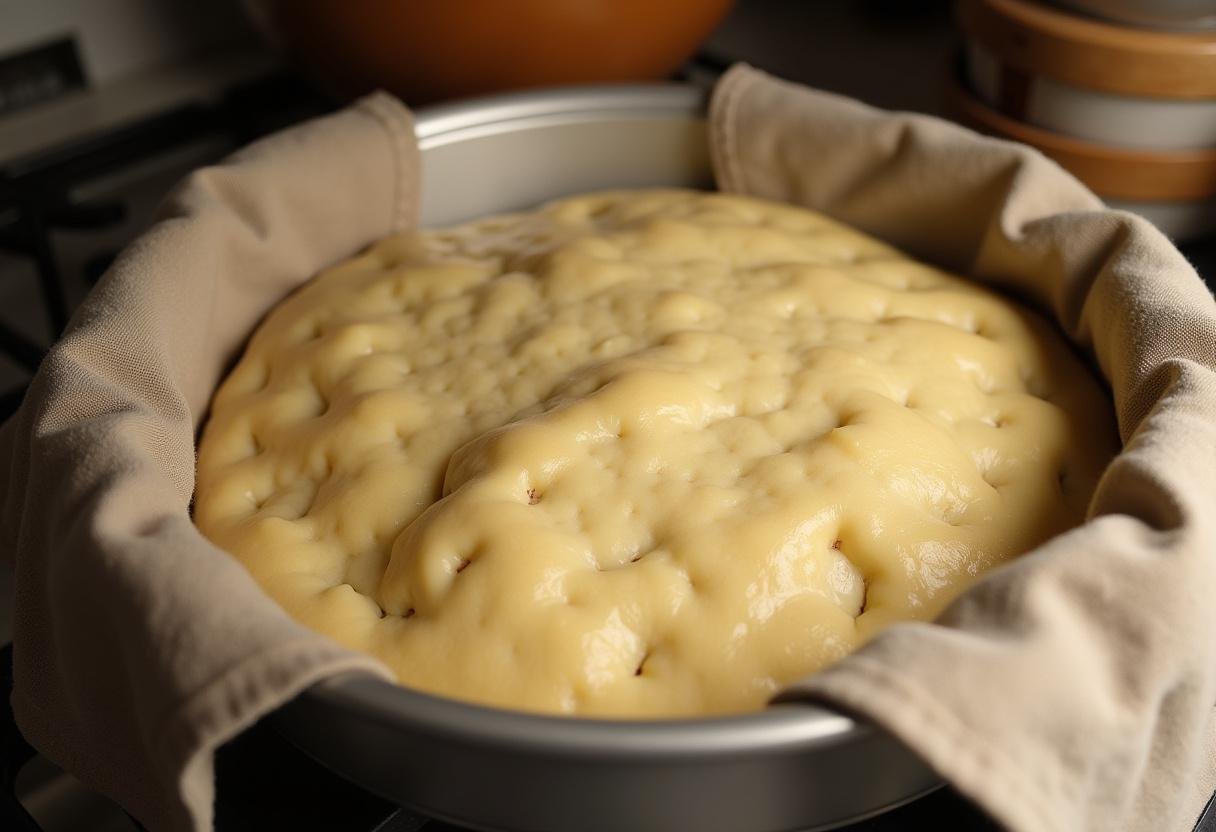 Pâte à focaccia façonnée en train de lever dans un moule pour une texture parfaite.