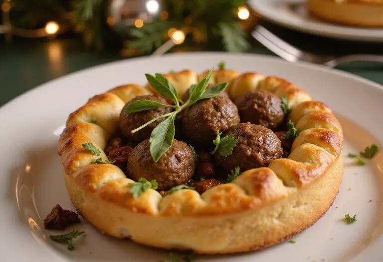 Fromage Brie fourré aux truffes cuit, avec une croûte dorée, parfait pour les fêtes.