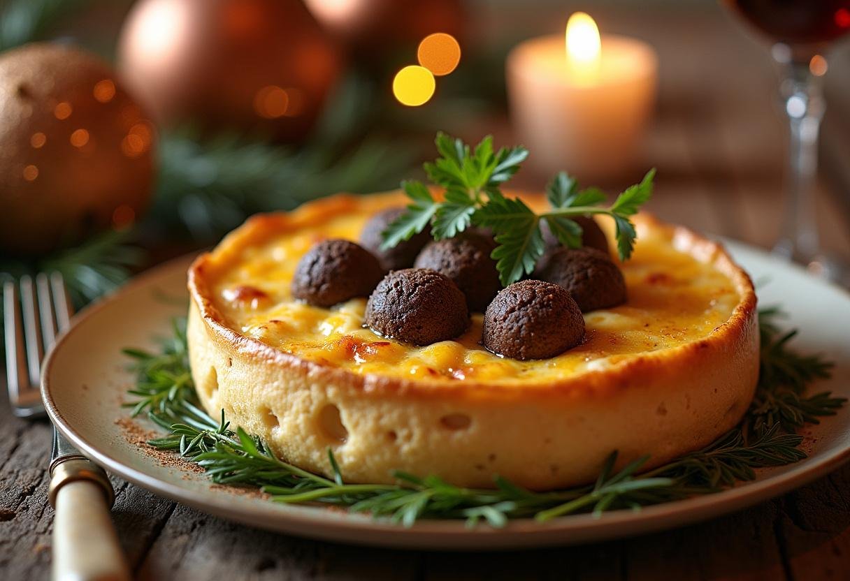 Fromage Brie fourré aux truffes cuit, avec une croûte dorée, parfait pour les fêtes.