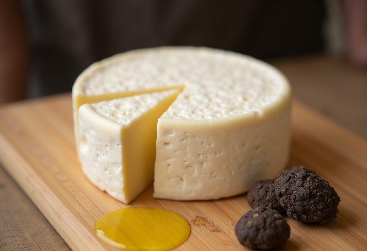 Rouelle de fromage Brie prête à être fourrée aux truffes, avec de l'huile de truffe à côté.