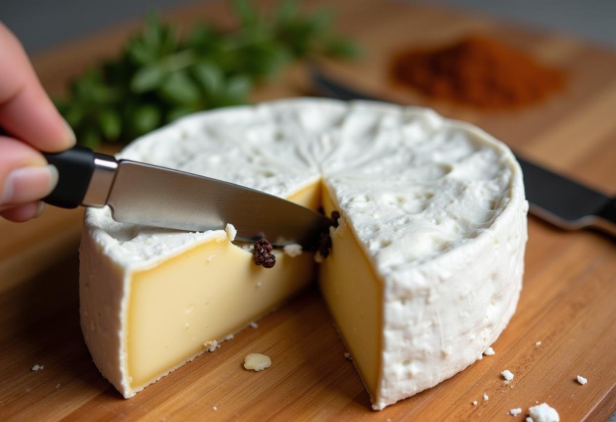 Découpe du fromage Brie pour y ajouter de la truffe pour la recette de fromage Brie fourré.