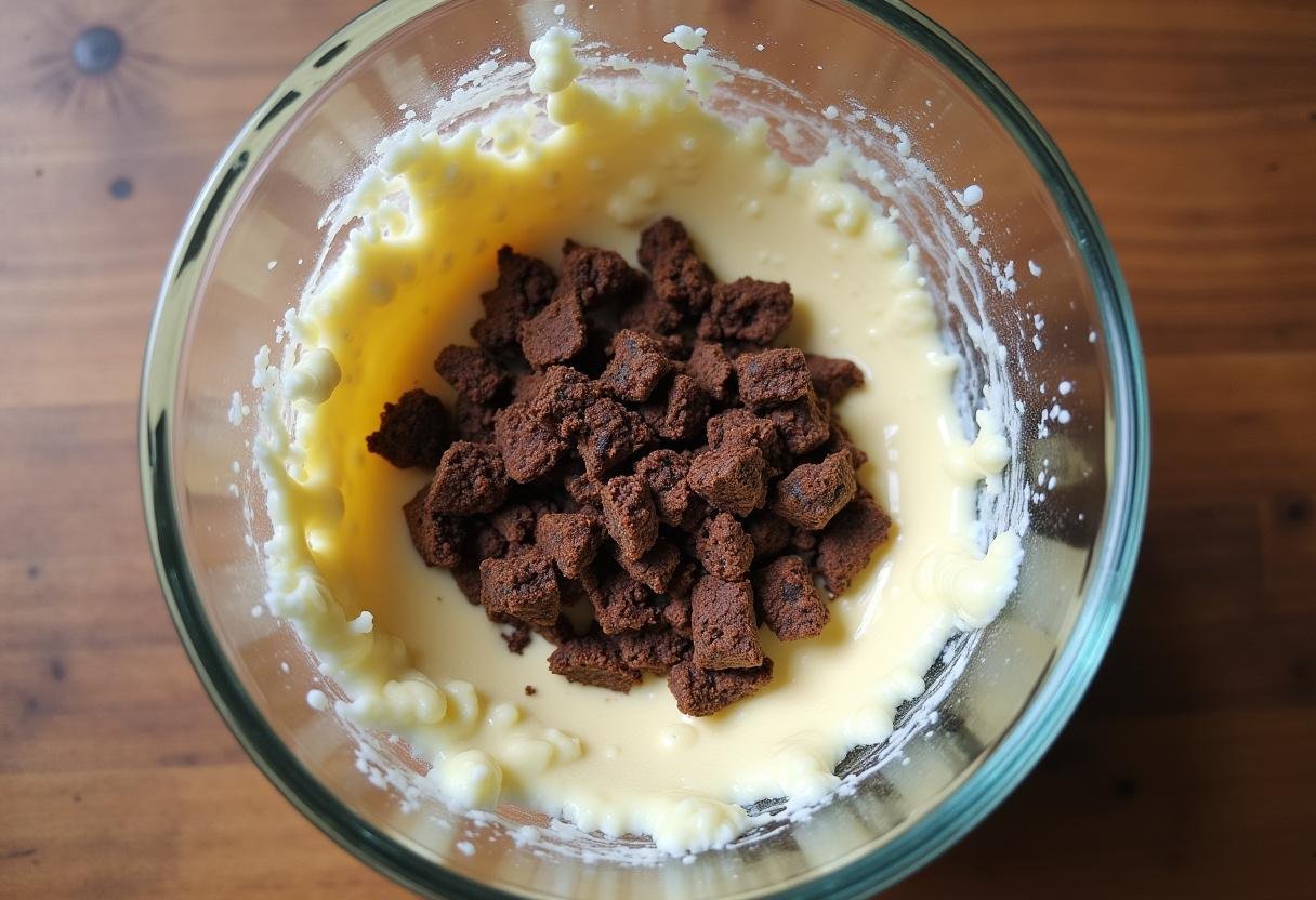 Truffes finement hachées mélangées à de la crème pour la garniture du Brie fourré aux truffes.