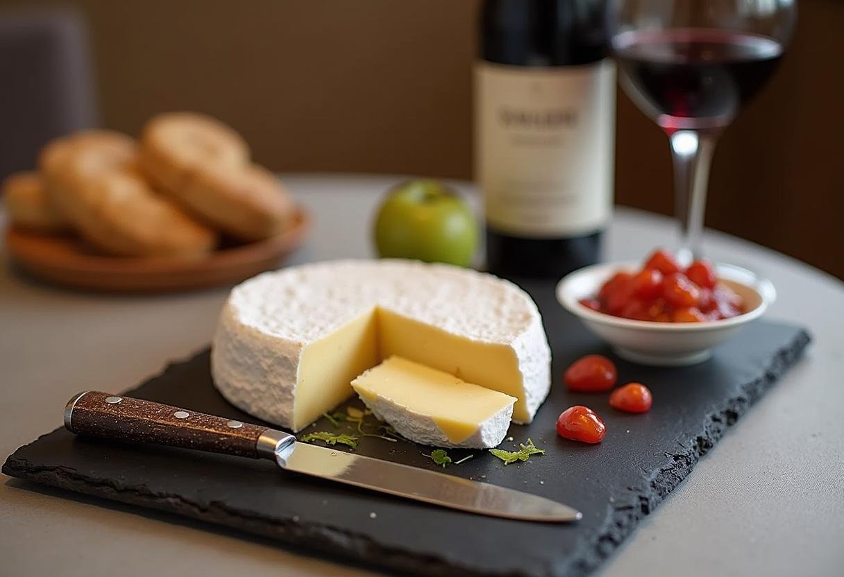 Présentation artistique du fromage Brie de Meaux avec des accompagnements, parfaite pour une dégustation.