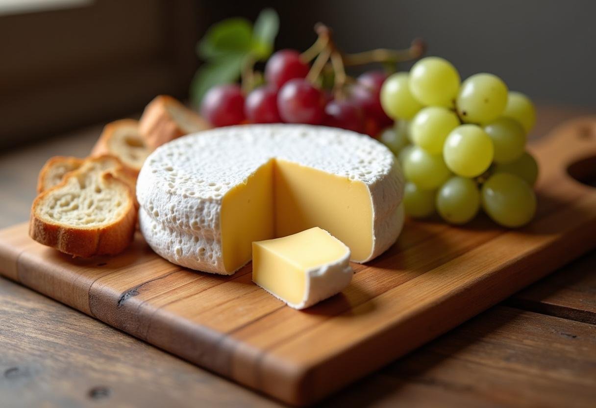 Fromage Brie de Meaux sur une planche à découper, accompagné de pain frais et de raisins pour une dégustation.