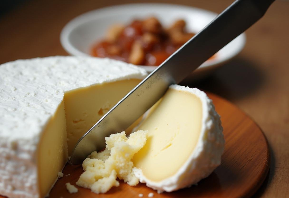 Tranchage de fromage Brie de Meaux avec une confiture de figues et des noix pour accompagnement.