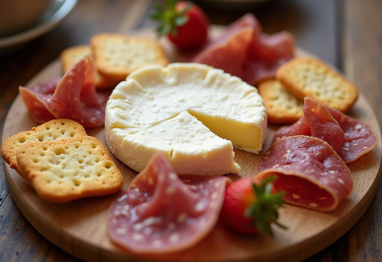 Arrangement de crackers et charcuterie autour du Brie de Meaux pour une expérience de dégustation raffinée.