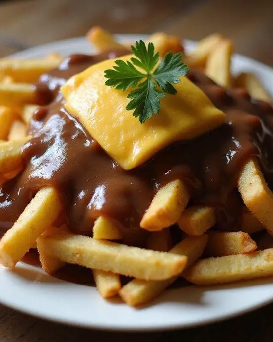 Poutine classique avec fromage en grains et sauce, prête à être dégustée.