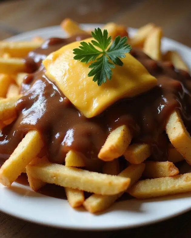 Poutine classique avec fromage en grains et sauce, prête à être dégustée.