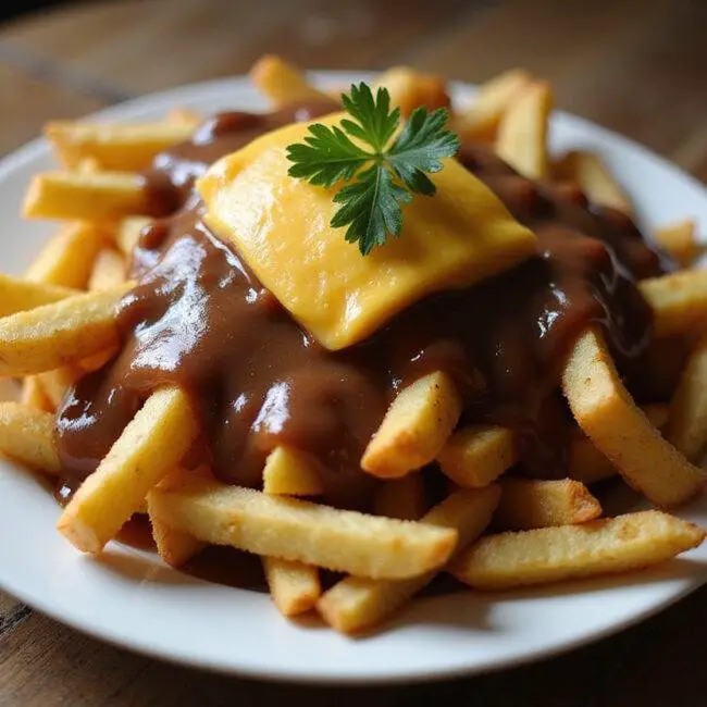 Poutine classique avec fromage en grains et sauce, prête à être dégustée.