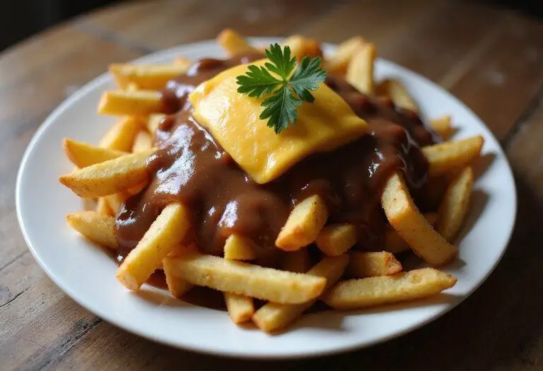 Poutine classique avec fromage en grains et sauce, prête à être dégustée.