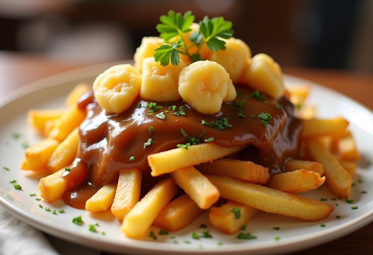 Poutine classique avec fromage en grains et sauce, prête à être dégustée.