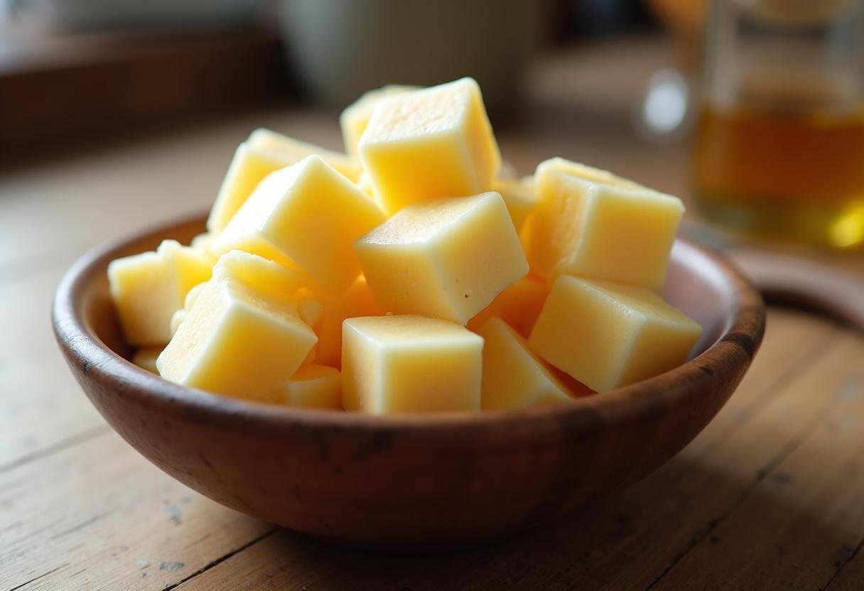 Fromage en grains frais dans un bol, prêt pour la recette de Poutine québécoise.