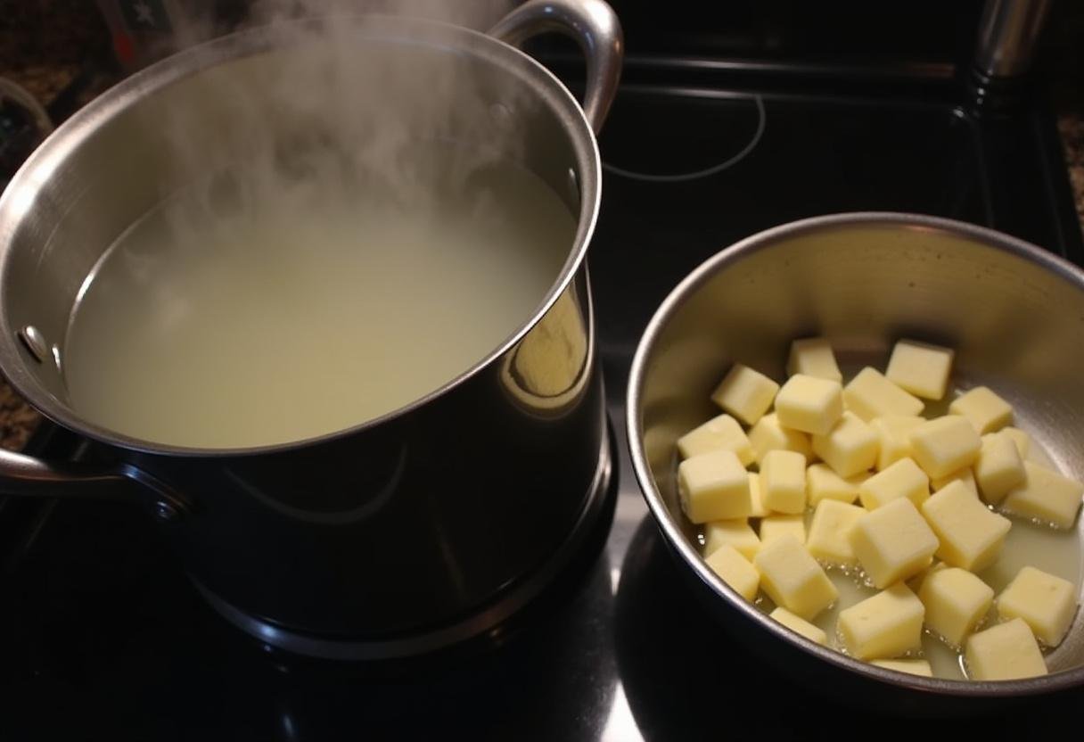 Pot d'eau bouillante pour blanchir le fromage à poutine en grains.
