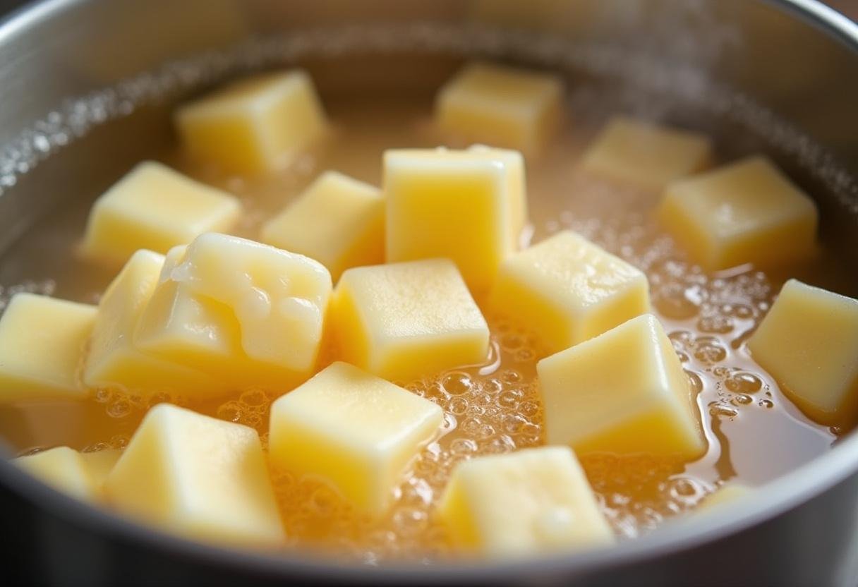 Fromage en grains submergé dans l'eau bouillante pour la préparation de Poutine.